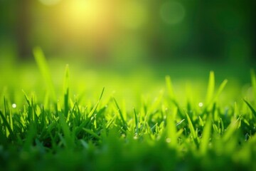 Fototapeta premium Softly lit grass blades glisten with morning dew, meadow, grass