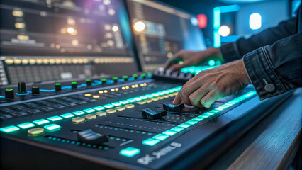 The hands of a sound engineer manipulating sliders on a mixing console. Clearly illuminated buttons and controls.