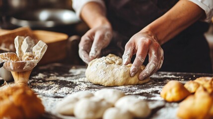 Baker preparing yeast dough, on a dark background. Bakery concept and dough preparation