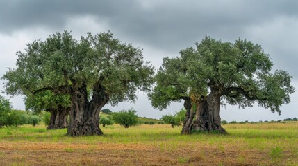 Ancient Olive Trees Under a Cloudy Sky