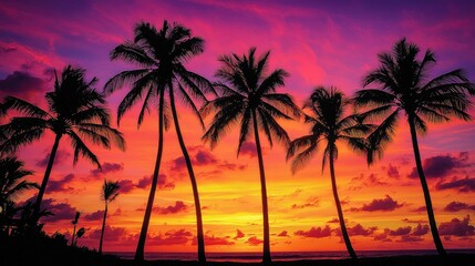 Silhouetted Palm Trees at a Vibrant Sunset