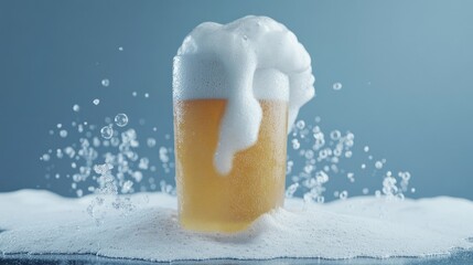 A frosty glass of beer overflowing with foam and bubbles, creating a refreshing and mouth-watering scene.