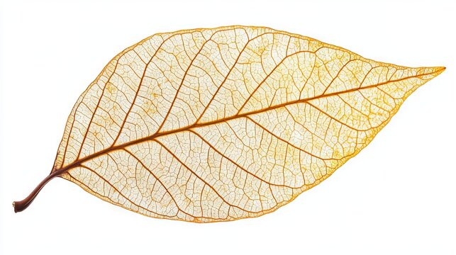 53.Close-up of a dried leaf, its brittle edges and detailed vein structure standing out vividly against a clean white background, creating a minimalist composition.