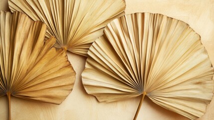 41.A close-up of fan-shaped dried palm leaves forming a natural frame, with their detailed veins and earthy brown tones standing out against a neutral background, providing ample space for text.