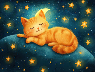 Cute cat sleeping on moon with stars.