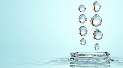 A photostock of a translucent droplet of water captured mid-motion on a light blue background, symbolizing freshness and purity. High Quality