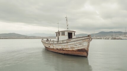 Fototapeta premium Abandoned rusty fishing boat in calm sea near mountains under cloudy sky.