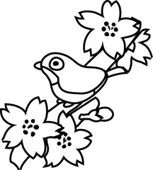 桜の枝とメジロの白黒線画ベクターイラスト