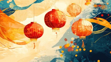 Obraz premium A modern Chinese New Year illustration with a blend of digital patterns, featuring lanterns and symbolic firecrackers in a contemporary art style