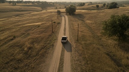 Aerial view of a pickup truck driving on a rural dirt road through golden fields.