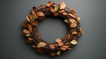 Obraz premium 39.An intricately woven rustic wreath embellished with autumnal dried leaves, presented on a gray background, with soft shadows adding depth and a natural aesthetic.