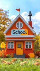 Miniature schoolhouse with autumn leaves and bright architectural design

