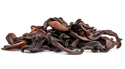 50.A minimal composition of dried Oolong tea leaves, isolated on a white background, with their twisted, natural forms and deep earthy tones presented in intricate detail.