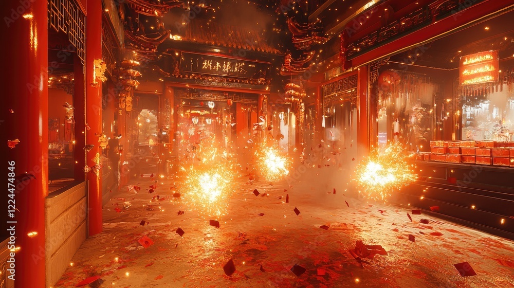 Poster a gamified chinese new year celebration, where users can interact with virtual objects like firecrac