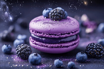 Purple macaron with blackberries and blueberries on a dark cosmic background