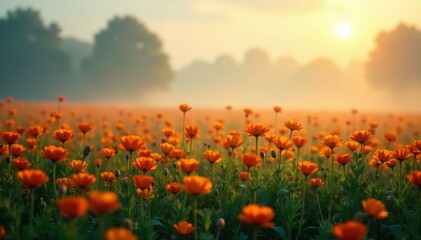 Fototapeta premium Softly lit marigold field with misty atmosphere, misty, peaceful, serene