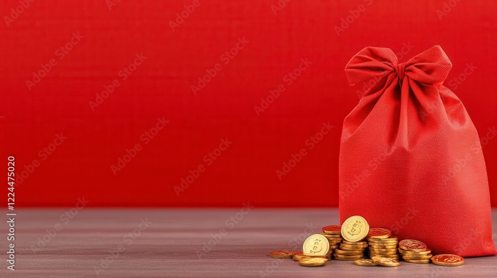 Wall mural A photostock of bright and dynamic red gift bags with golden coins spilling out, placed on a vibrant red background, symbolizing prosperity and celebration. High Quality