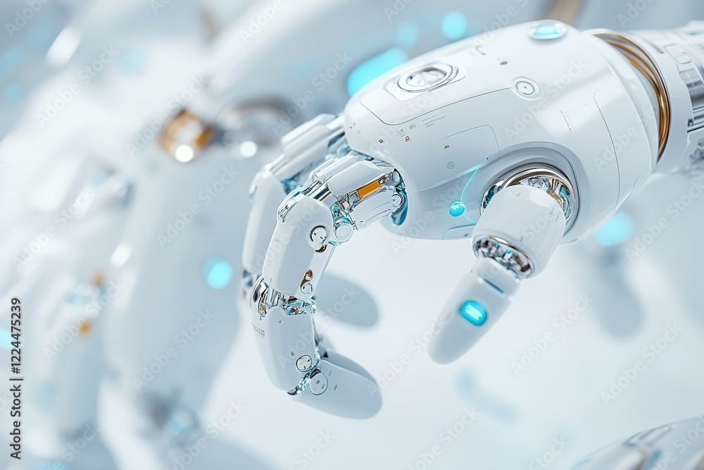 Poster a robotic arm with a streamlined design is engaged in assembling various parts, showcasing advanced 
