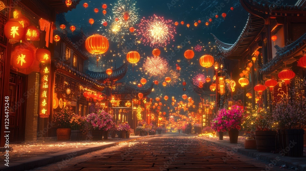 Aufkleber a vibrant interactive chinese new year scene, where users can click to trigger fireworks, lanterns, 