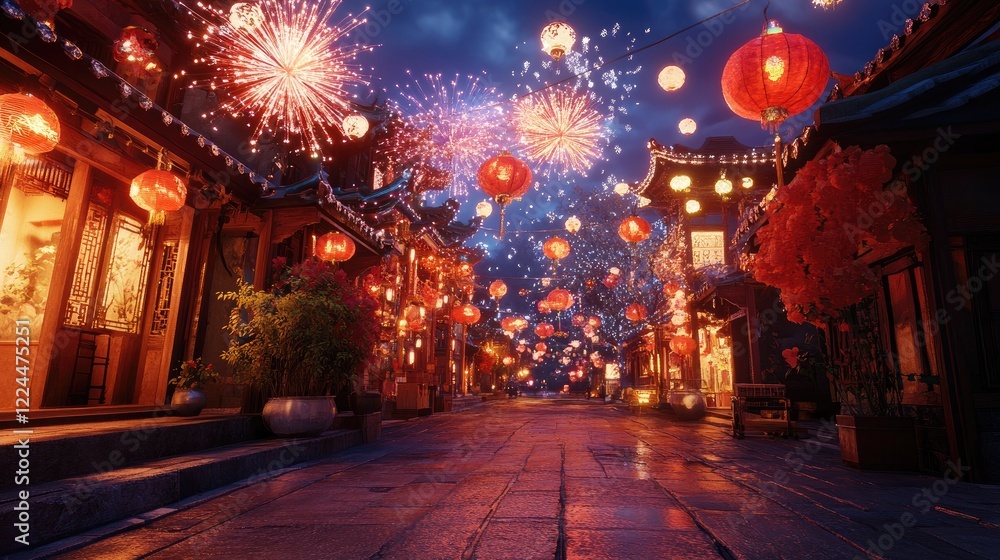 Poster a vibrant interactive chinese new year scene, where users can click to trigger fireworks, lanterns, 