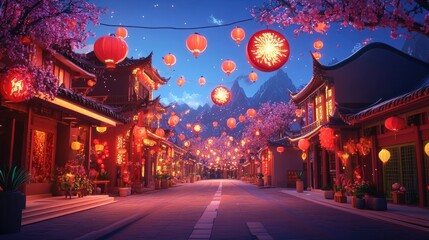 Obraz premium A vibrant interactive Chinese New Year scene, where users can click to trigger fireworks, lanterns, and lucky symbols on a festive street