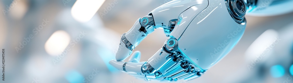Poster a robotic arm with metallic design and neon blue highlights extends into a bright, minimalist space.