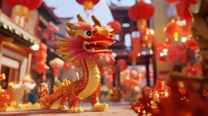 Fototapeta premium An interactive Chinese New Year celebration with augmented reality (AR) elements, showing animated dragons, lanterns, and zodiac signs