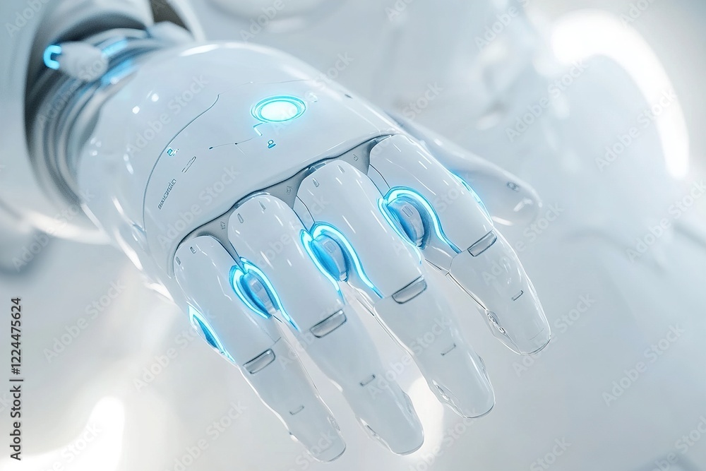 Poster robotic arm with metallic details and glowing blue elements extends towards the viewer, emphasizing 