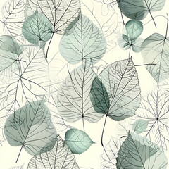A pattern of translucent leaves in various shades of green and blue on a light background.
