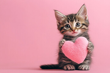Fototapeta premium Cute small tabby kitten holding plush heart in front of pastel pink background with copy sapce