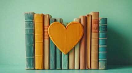Naklejka premium A Heartfelt Collection: Vintage Books and a Wooden Heart