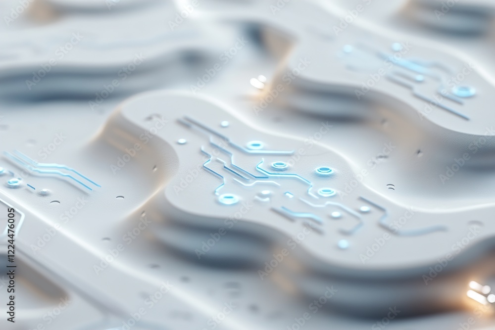 Poster a smooth white surface features intricate circuit patterns glowing in neon blue, resembling advanced