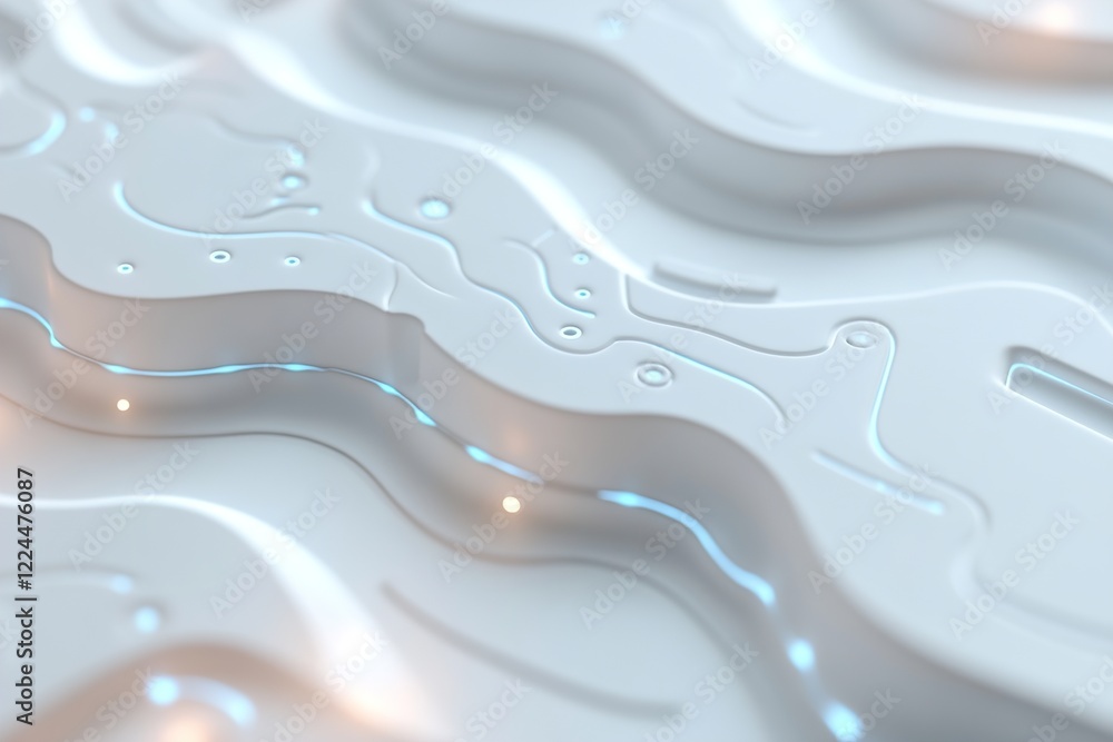 Poster a smooth white surface features intricate, glowing circuit-like patterns in neon blue, creating a st