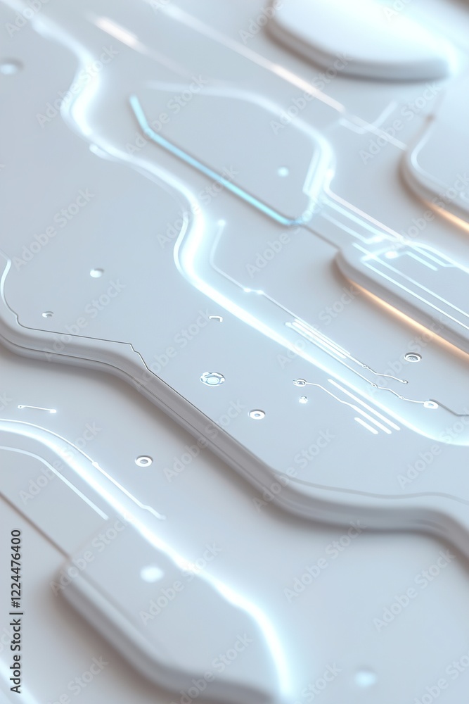 Poster intricate circuit-like patterns glow softly in neon blue against a smooth white surface, creating a 