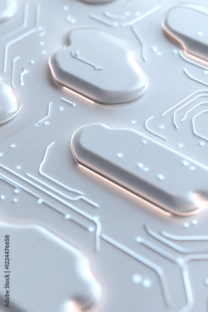 Poster a smooth white surface displays intricate circuit-like patterns glowing in soft neon blue, creating 