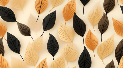 A pattern of various leaves in warm tones against a light background.