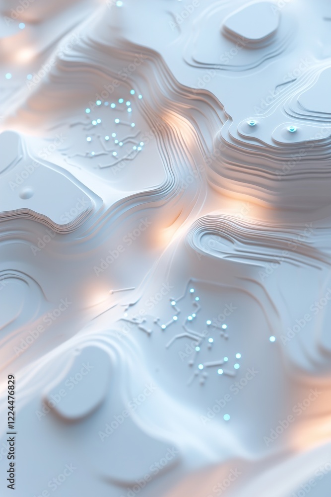 Poster a smooth white surface with detailed circuit-like patterns glows in neon blue. this minimalistic des