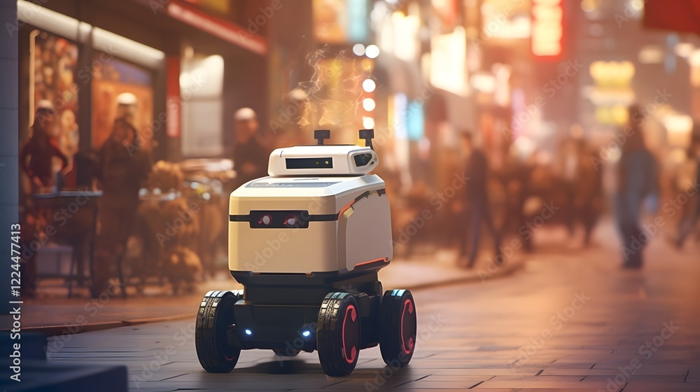 Poster autonomous delivery robot navigating busy city street with futuristic technology for efficient packa