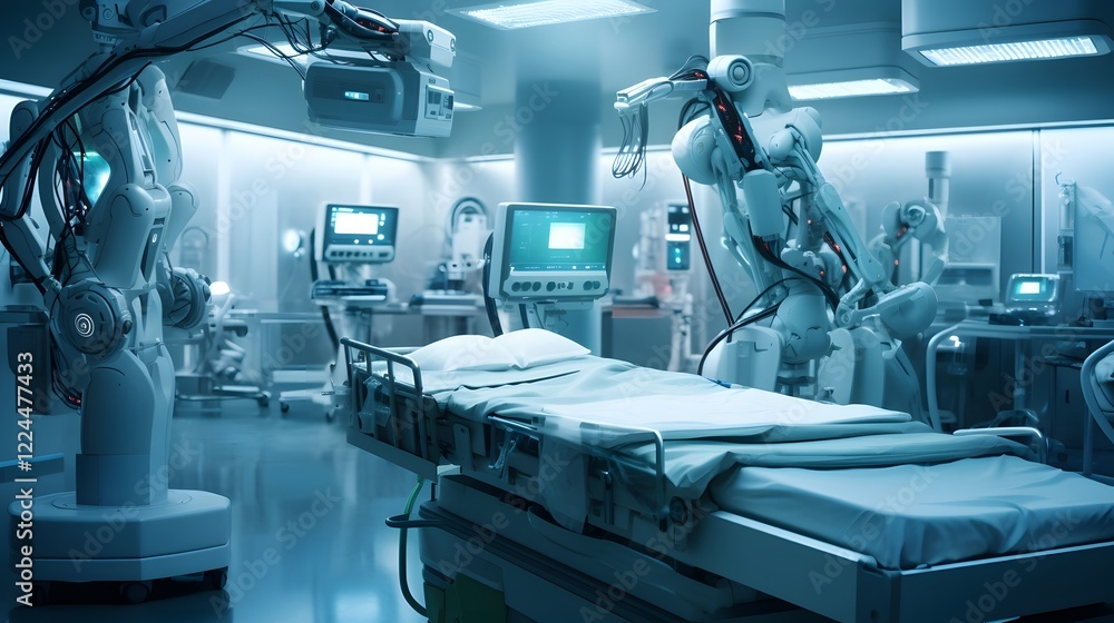 Poster cutting edge surgical robot performing a complex medical procedure with precision and efficiency in 