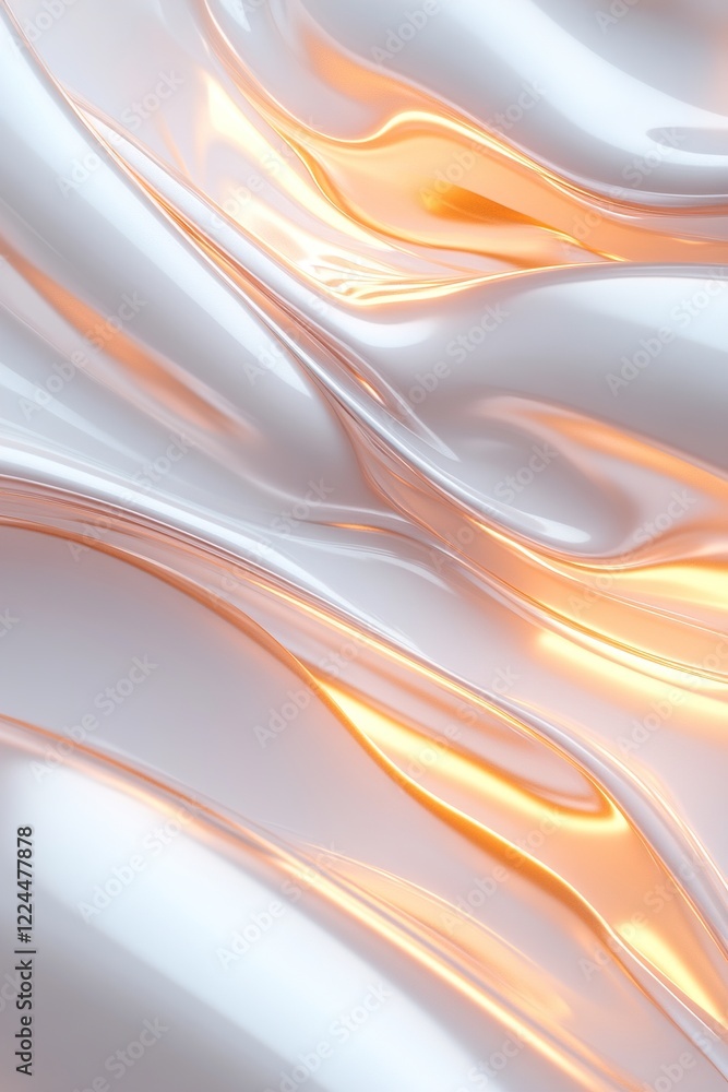 Poster glowing energy waves in neon orange and yellow flow dynamically across a smooth metallic white surfa