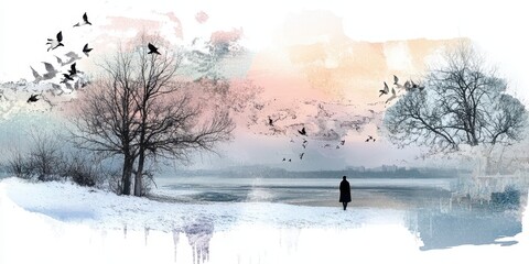 Solitary Figure Winter Landscape Birds Flying Trees