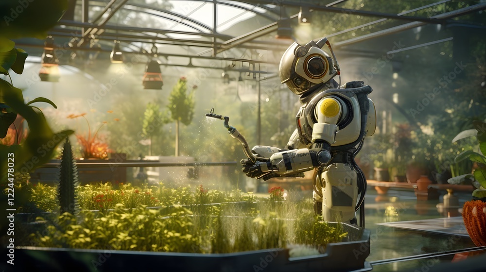 Poster automated robot gardener watering plants in a cutting edge smart greenhouse with advanced technology