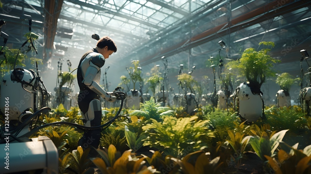 Aufkleber robotic gardener watering plants in a futuristic smart greenhouse with advanced automation and techn
