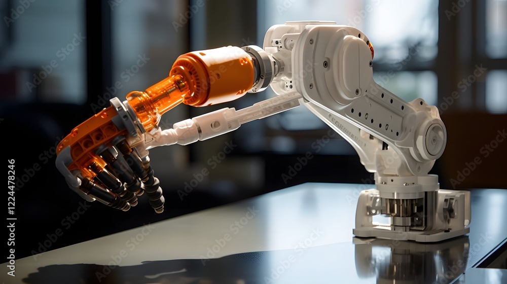 Poster a robotic arm meticulously printing a 3d model on a table showcasing the advanced automation and pre