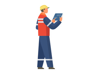Construction worker in safety gear stands while using a tablet. Ideal for safety guidelines, technology at work, construction industry, occupational health, engineering visuals. Modern, flat style