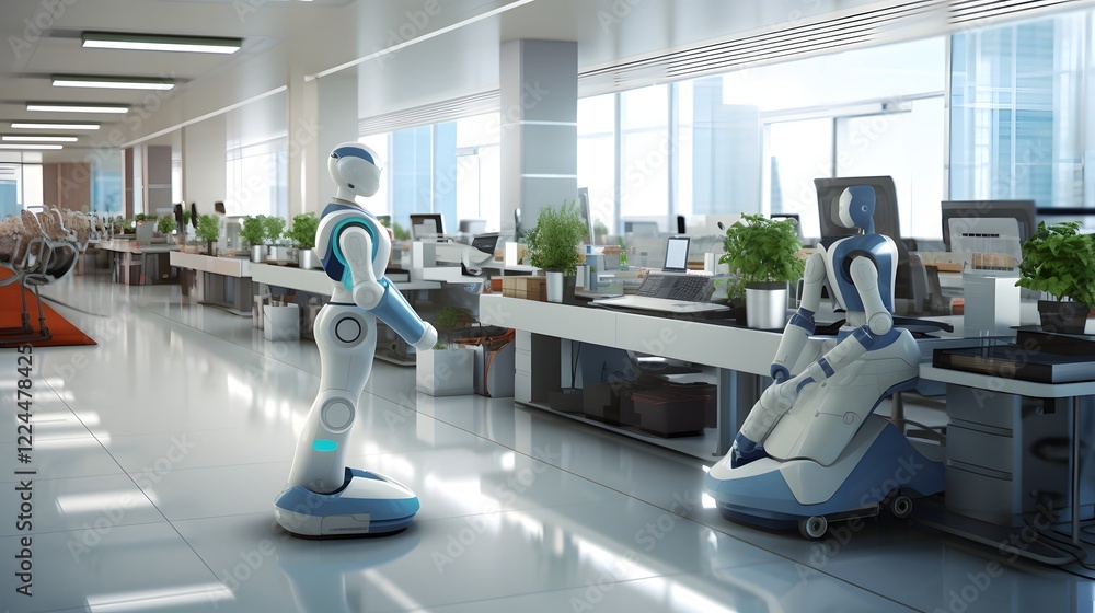 Aufkleber autonomous robot cleaning the floor of a busy corporate office with advanced futuristic technology s