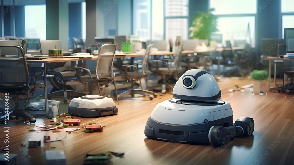 Aufkleber autonomous robot cleaning the floor of a busy office using advanced cleaning technology and machiner