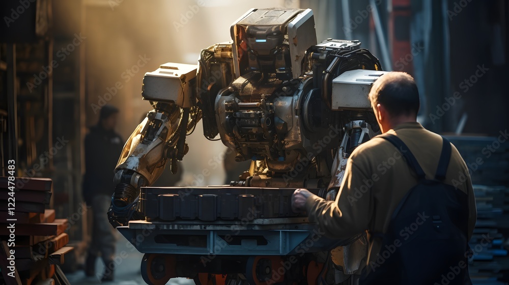 Poster robotic exoskeleton designed to enhance worker s strength and capabilities helping lift and move hea