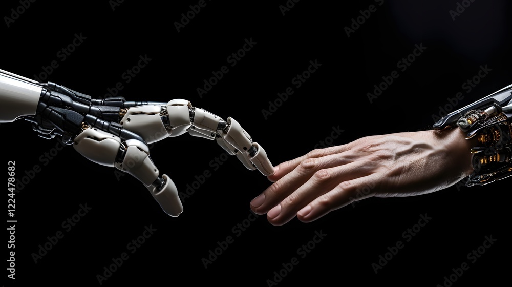 Poster robotic hand extending to shake hands with a human symbolizing the and of technology and humanity in