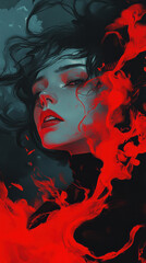 Digital art of a woman with red abstract flames.